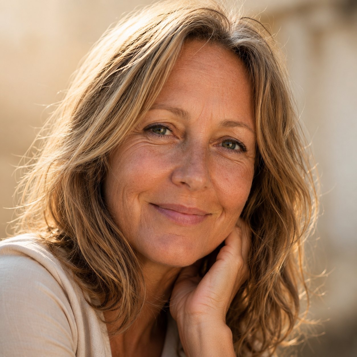 Close-up of Auréa founder Emma with a healthy golden glow