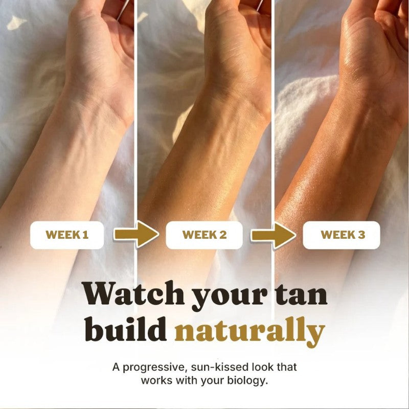 Before and after: pale skin to a soft golden glow in four weeks with Auréa, golden not orange