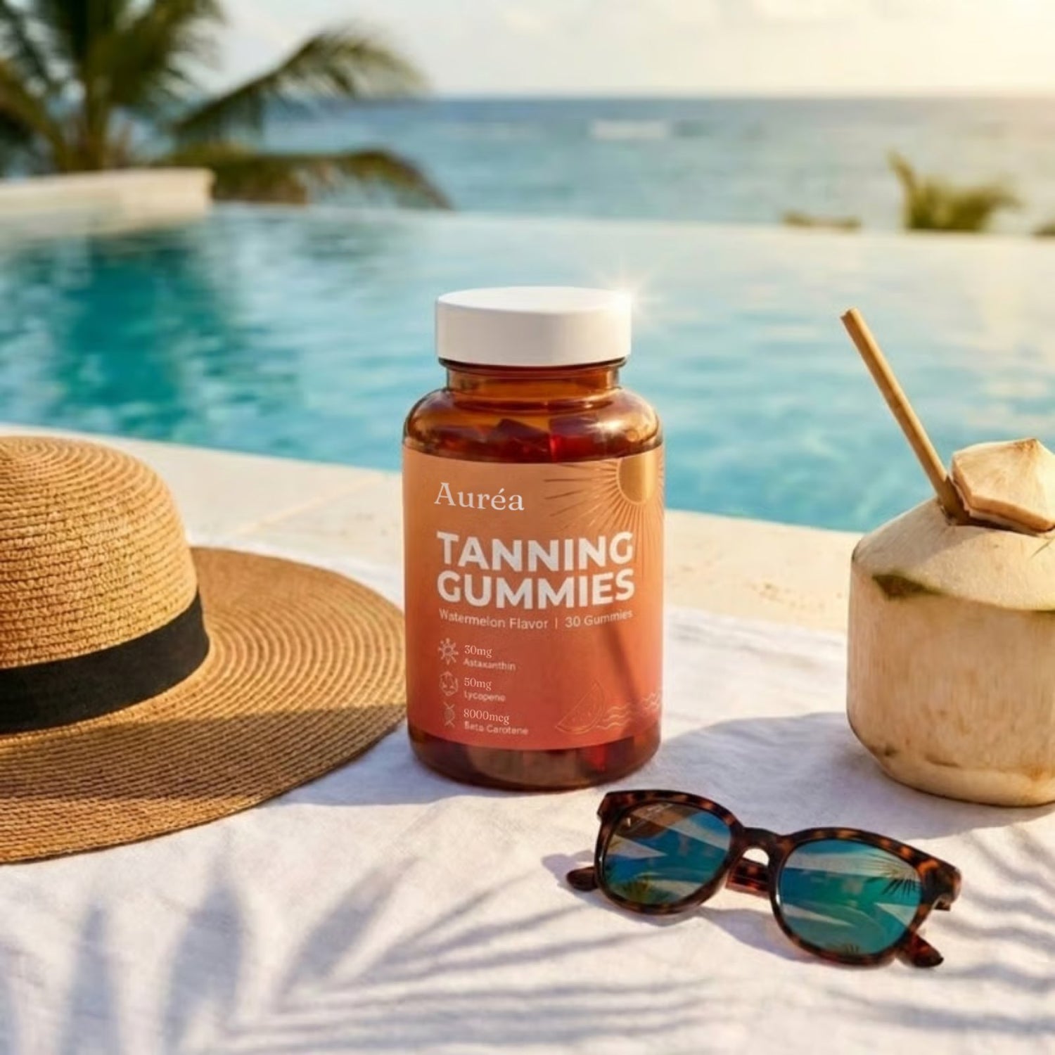 Woman with a golden glow poolside, Auréa tanning gummies